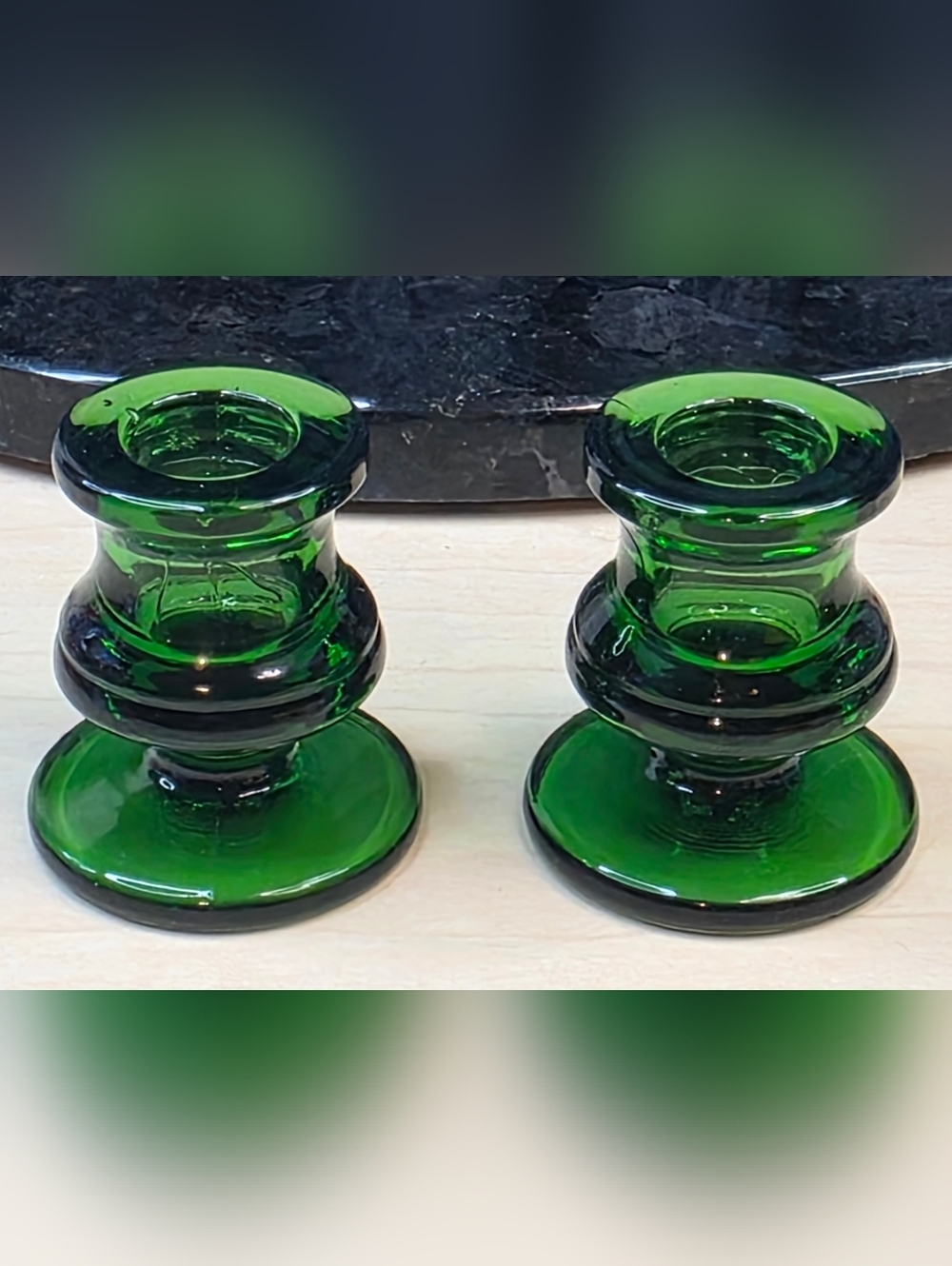 Vintage Pair Of Emerald Green Glass Taper Candle Holders -2.5" Tall
